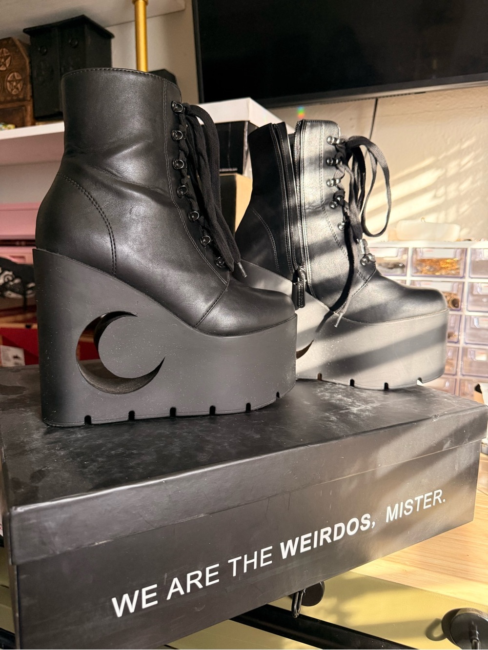 Killstar Black Crescent Moon Platform Lace-Up Ankle Boots